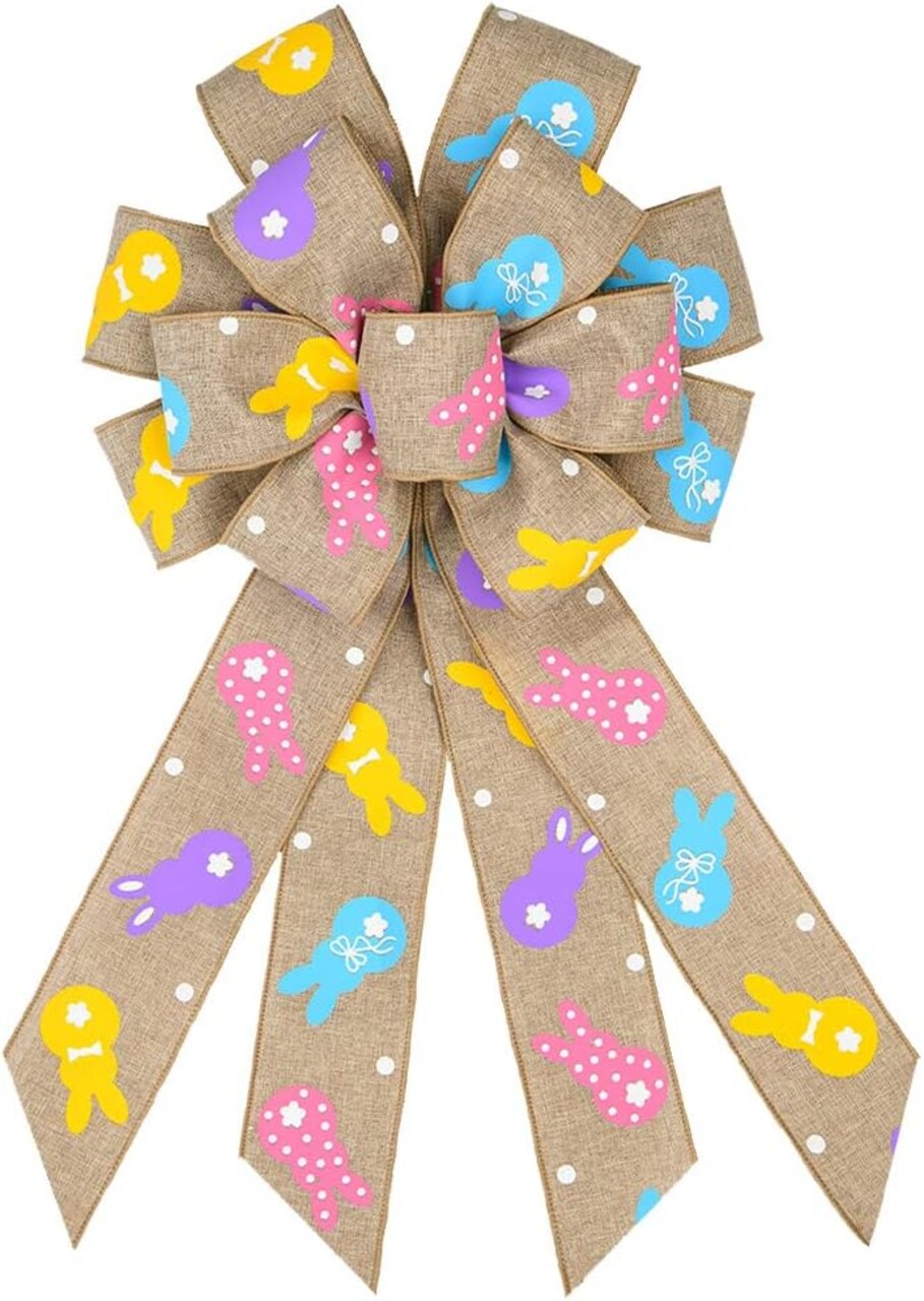 Easter Wreath Bows, Brown Easter Rabbits Pattern Burlap Bows for Wreaths - Easter Decor Burlap Tree Topper Bows for Holiday Front Door Wreath Decorations Indoor Outdoor